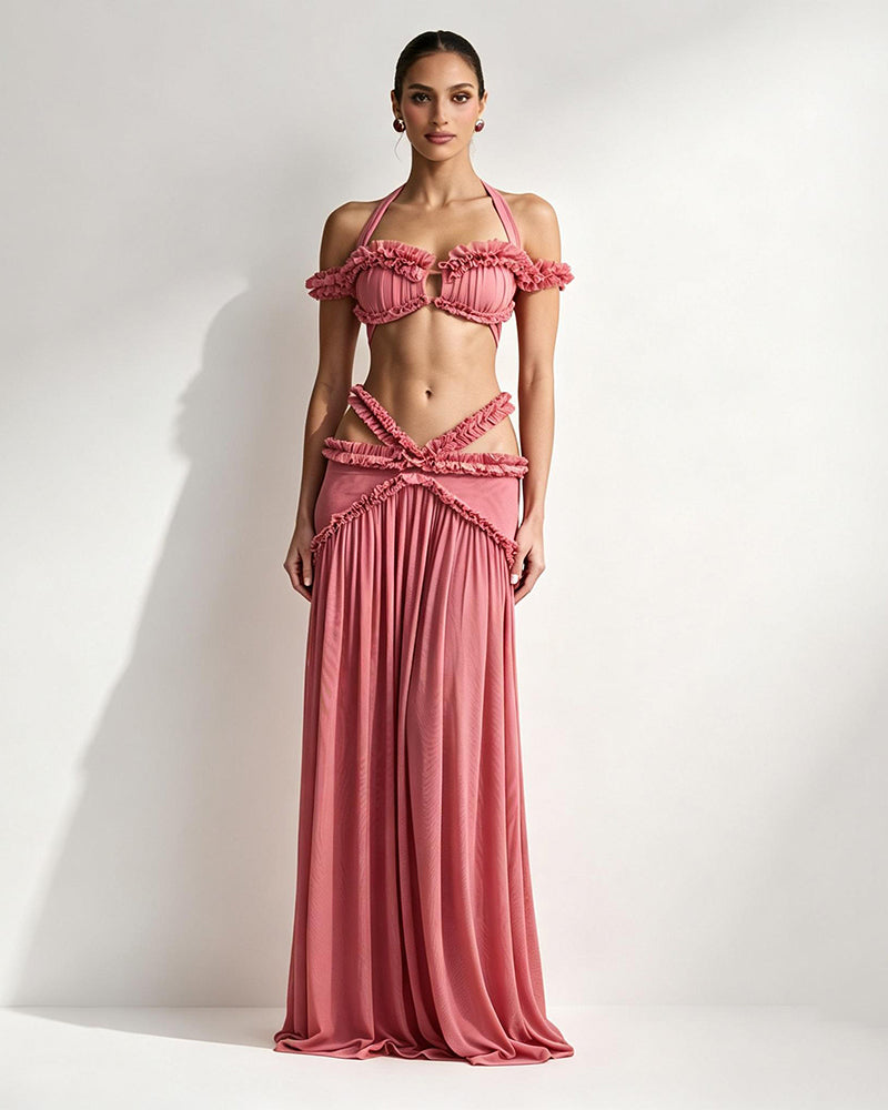 Alessandra Pink Halter Top and Pleated Skirt Two-piece Set