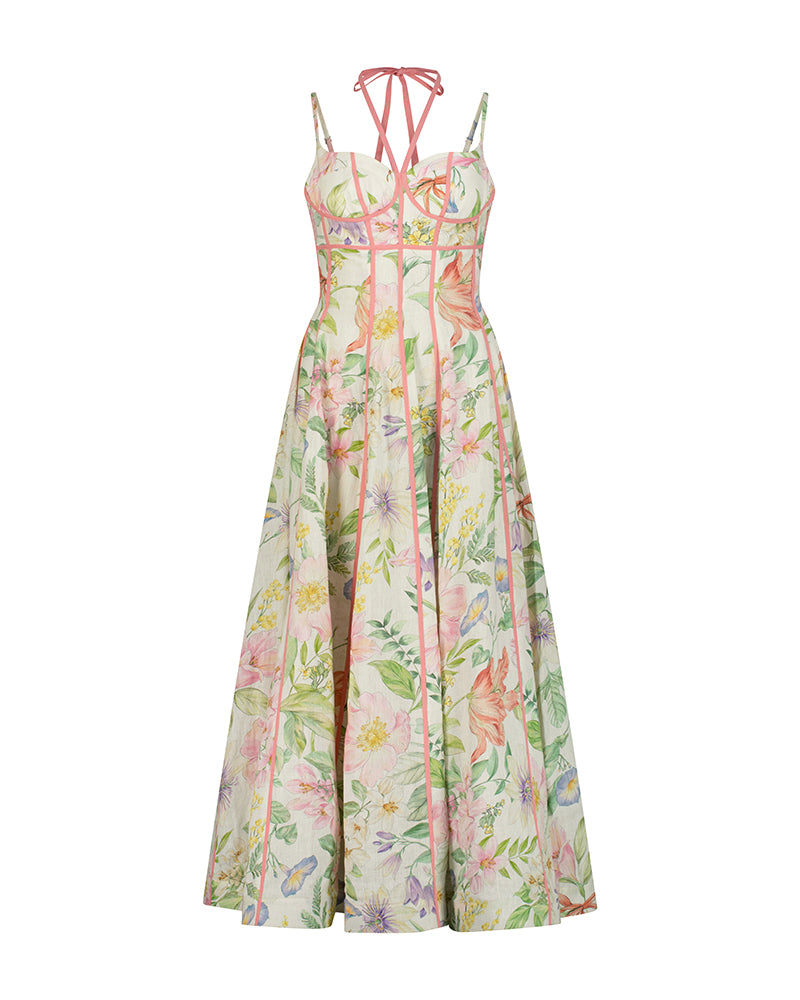 Isla Pink-Piping Corset Floral Midi Dress