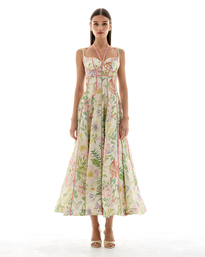 Isla Pink-Piping Corset Floral Midi Dress