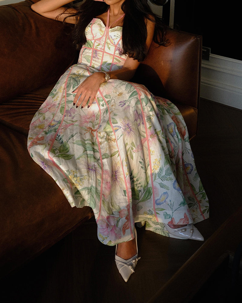 Isla Pink-Piping Corset Floral Midi Dress