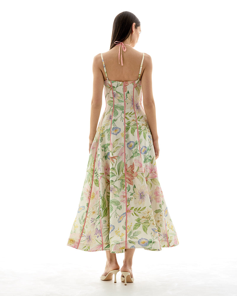 Isla Pink-Piping Corset Floral Midi Dress
