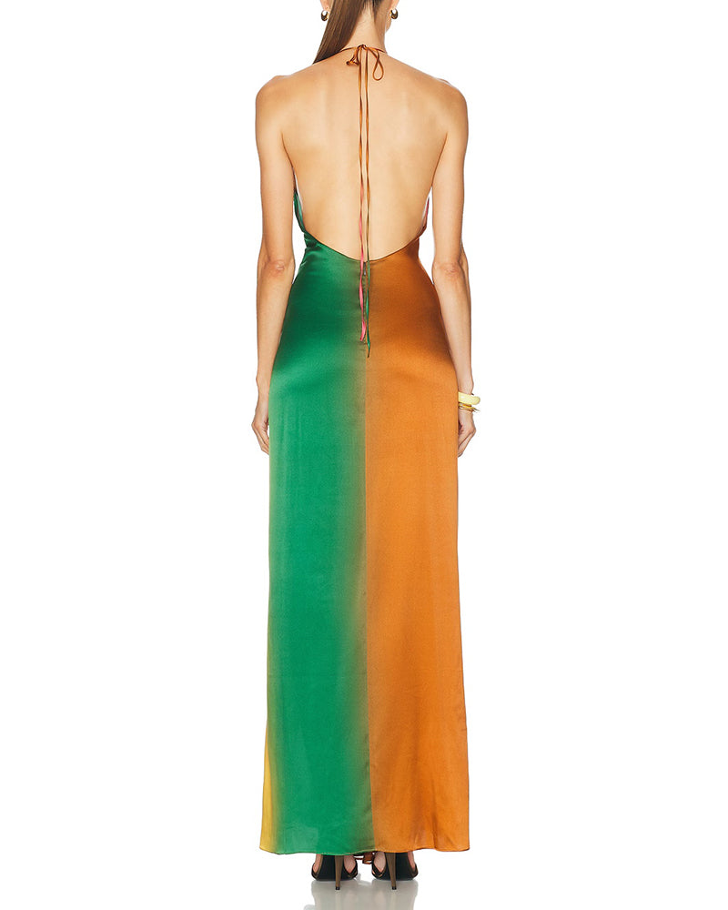 Siren Ombré Sunset Satin Halter Maxi Dress