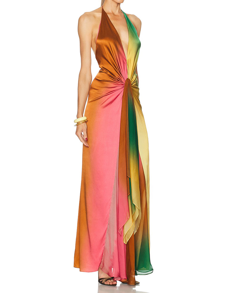 Siren Ombré Sunset Satin Halter Maxi Dress