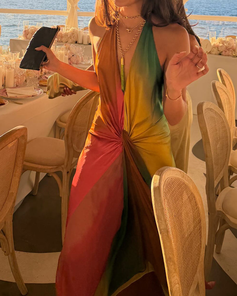 Siren Ombré Sunset Satin Halter Maxi Dress