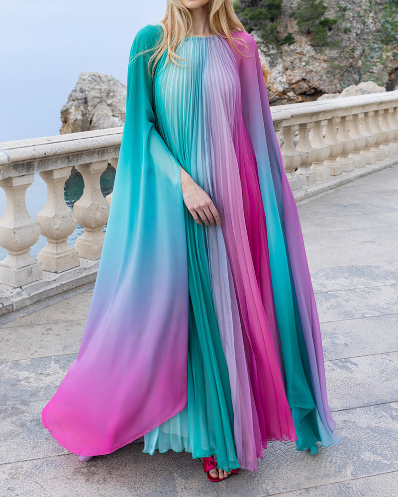 Iris Multi-Color Ombré Pleated Cape Maxi Dress