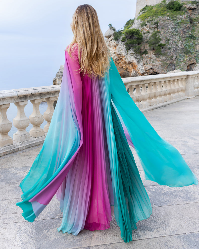 Iris Multi-Color Ombré Pleated Cape Maxi Dress