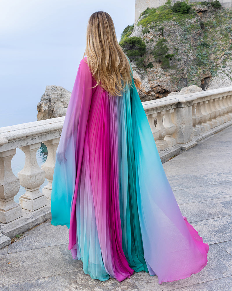Iris Multi-Color Ombré Pleated Cape Maxi Dress