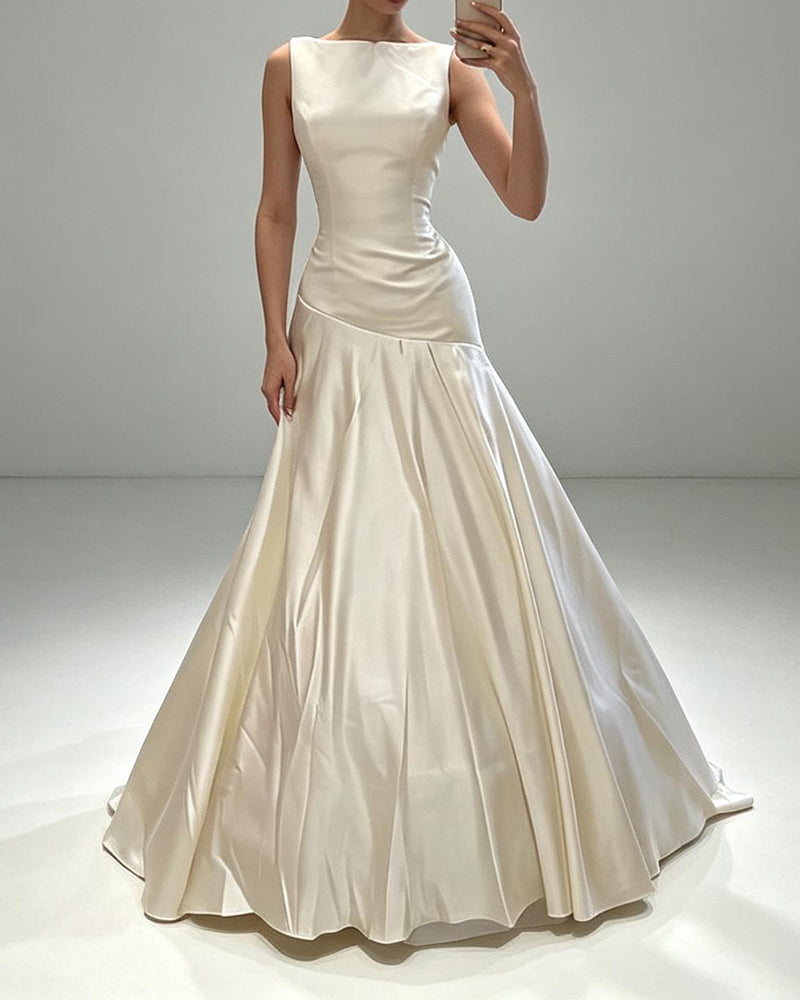 Seraphina White Asymmetric Draped Satin Maxi Dress