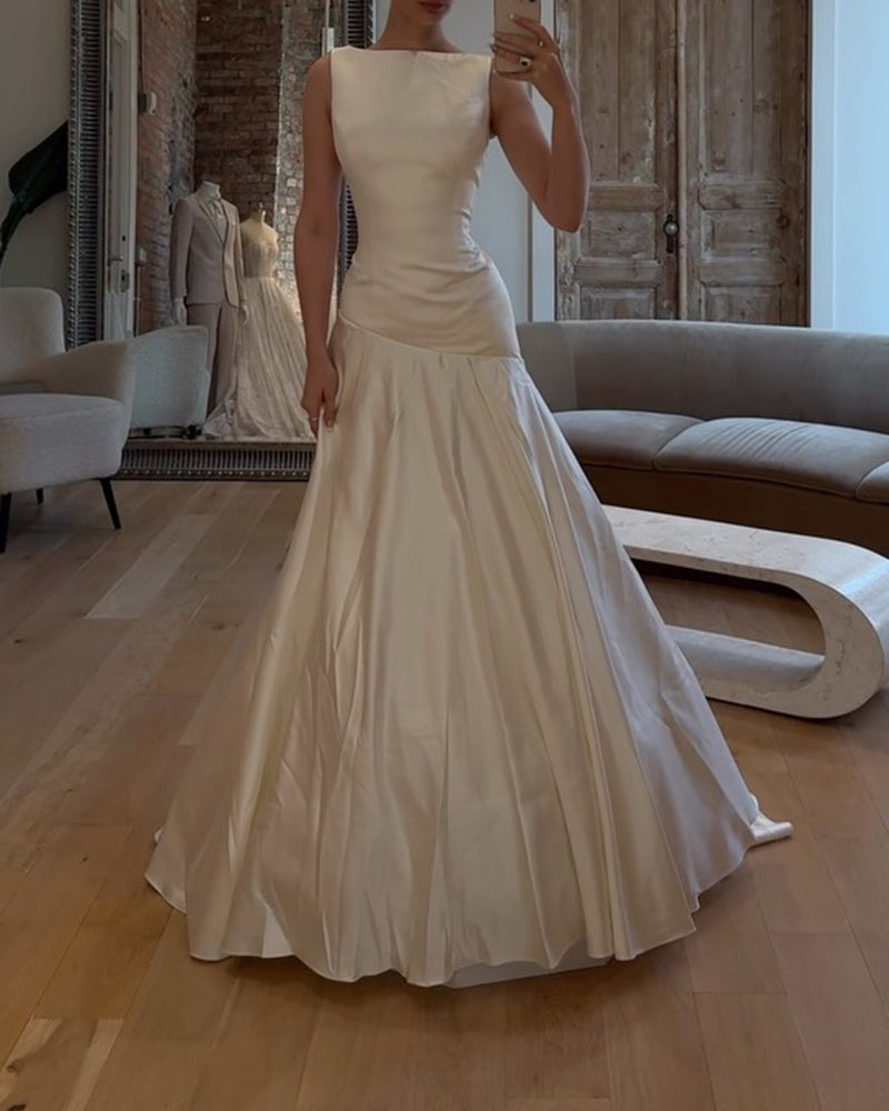 Seraphina White Asymmetric Draped Satin Maxi Dress