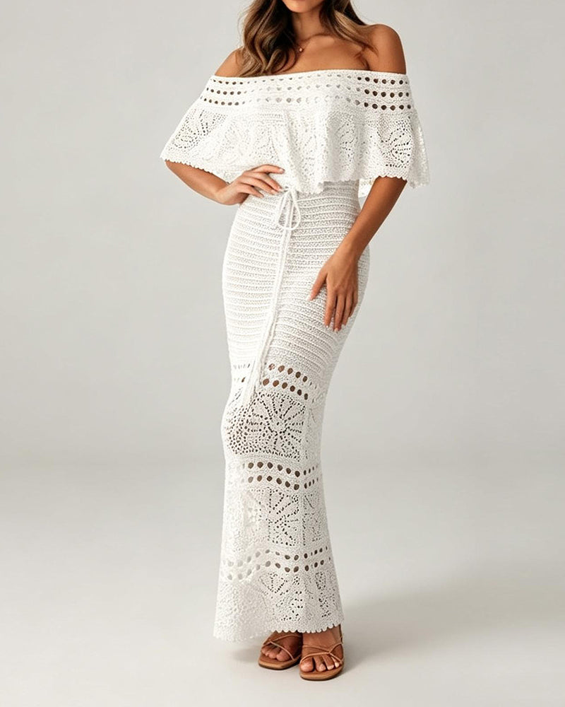 Rowena White Off-The-Shoulder Crochet Ruffle Two-Piece Vacation Set