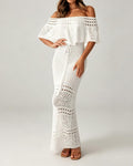 Rowena White Off-The-Shoulder Crochet Ruffle Two-Piece Vacation Set