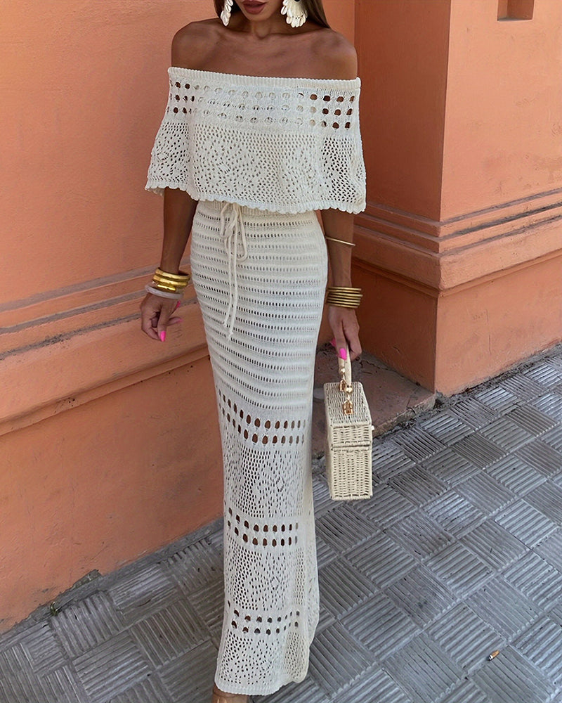 Rowena White Off-The-Shoulder Crochet Ruffle Two-Piece Vacation Set