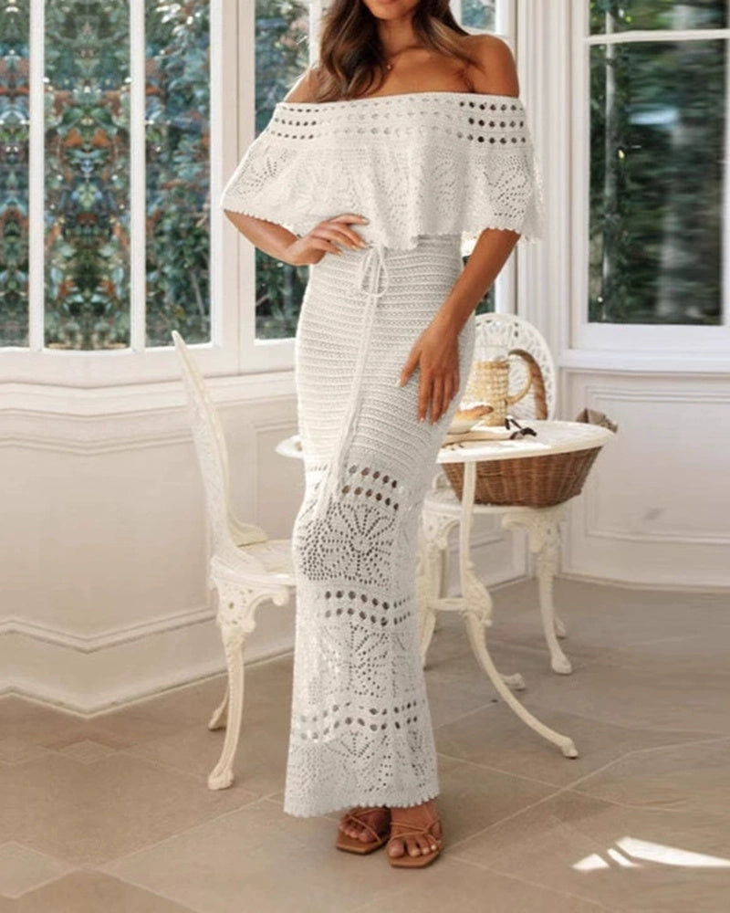 Rowena White Off-The-Shoulder Crochet Ruffle Two-Piece Vacation Set