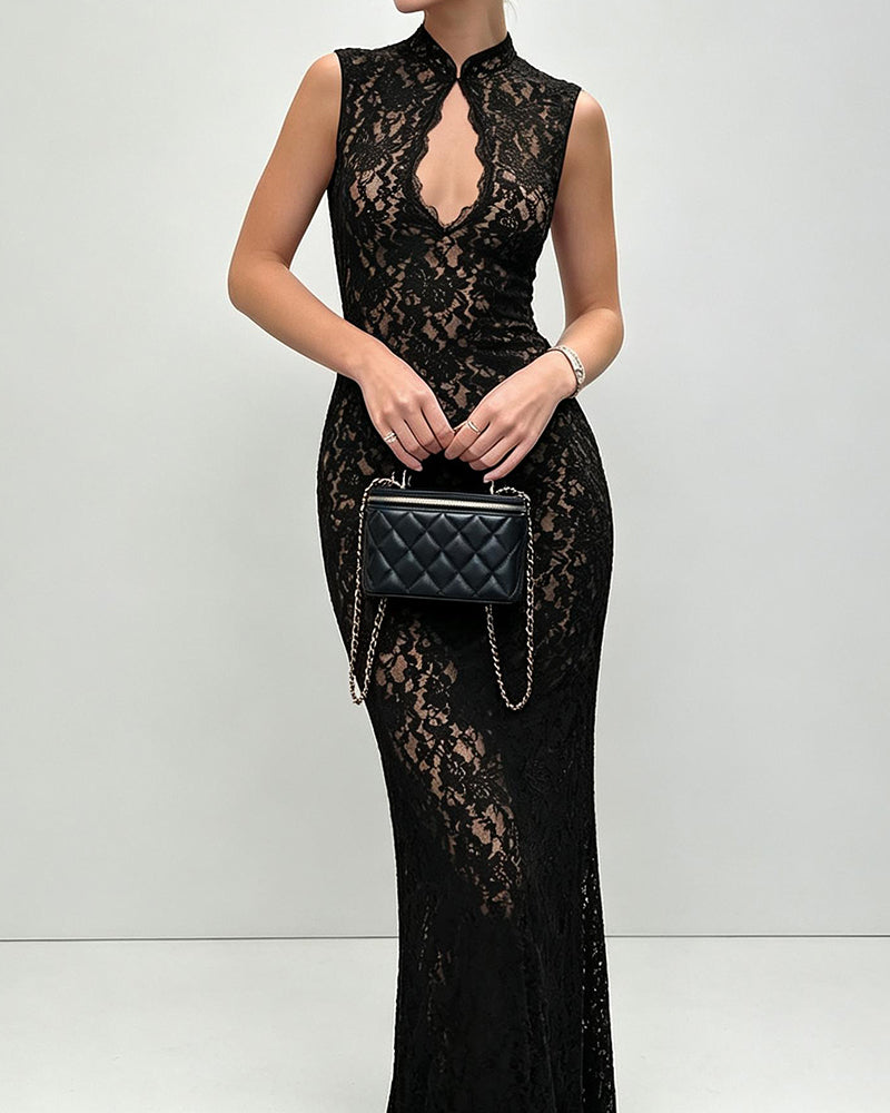 Rowena Keyhole Cutout Floral Lace Maxi Dress.