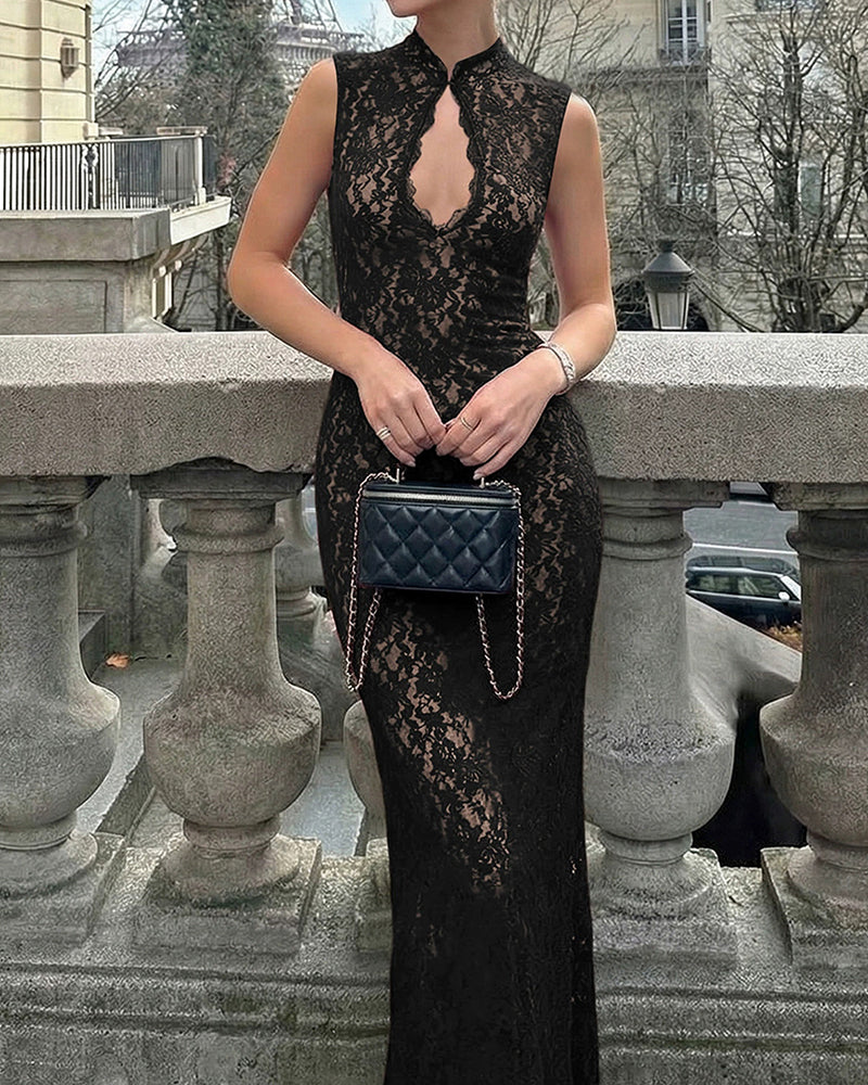 Rowena Keyhole Cutout Floral Lace Maxi Dress.