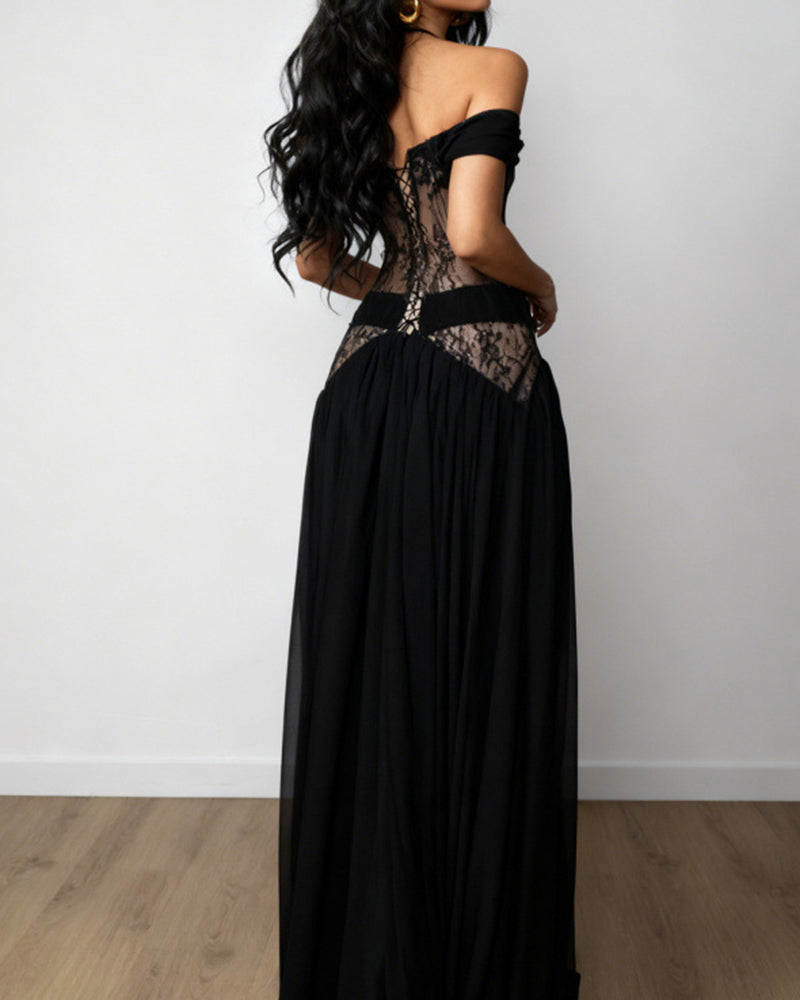 Seductress Black Off-shoulder Lace-panel Dress