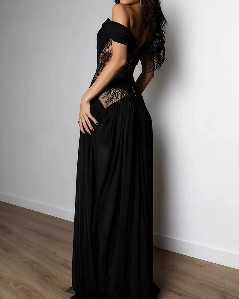 Seductress Black Off-shoulder Lace-panel Dress