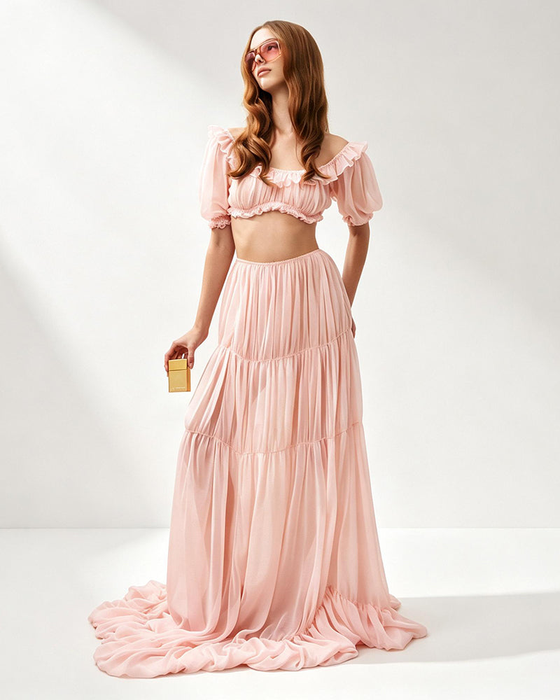 Sienna Pink Off-the-Shoulder Ruffle Two-Piece Set