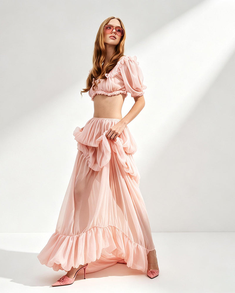 Sienna Pink Off-the-Shoulder Ruffle Two-Piece Set