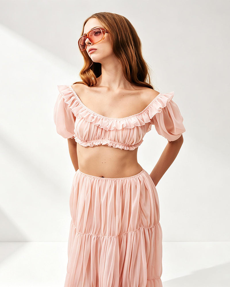 Sienna Pink Off-the-Shoulder Ruffle Two-Piece Set