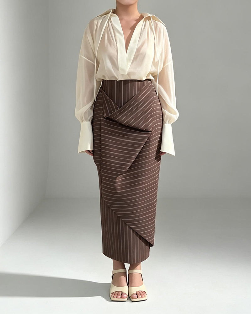 Chloe Sheer Blouse & Folded Pinstripe Skirt Two-Piece Set
