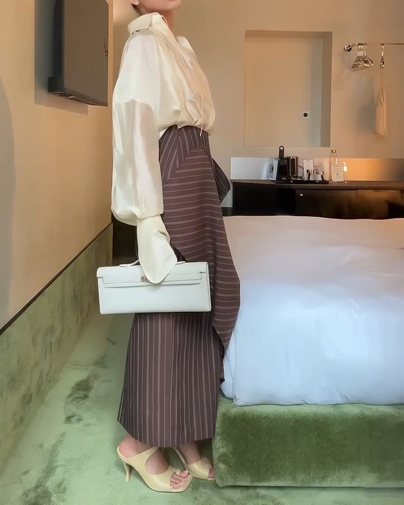 Chloe Sheer Blouse & Folded Pinstripe Skirt Two-Piece Set