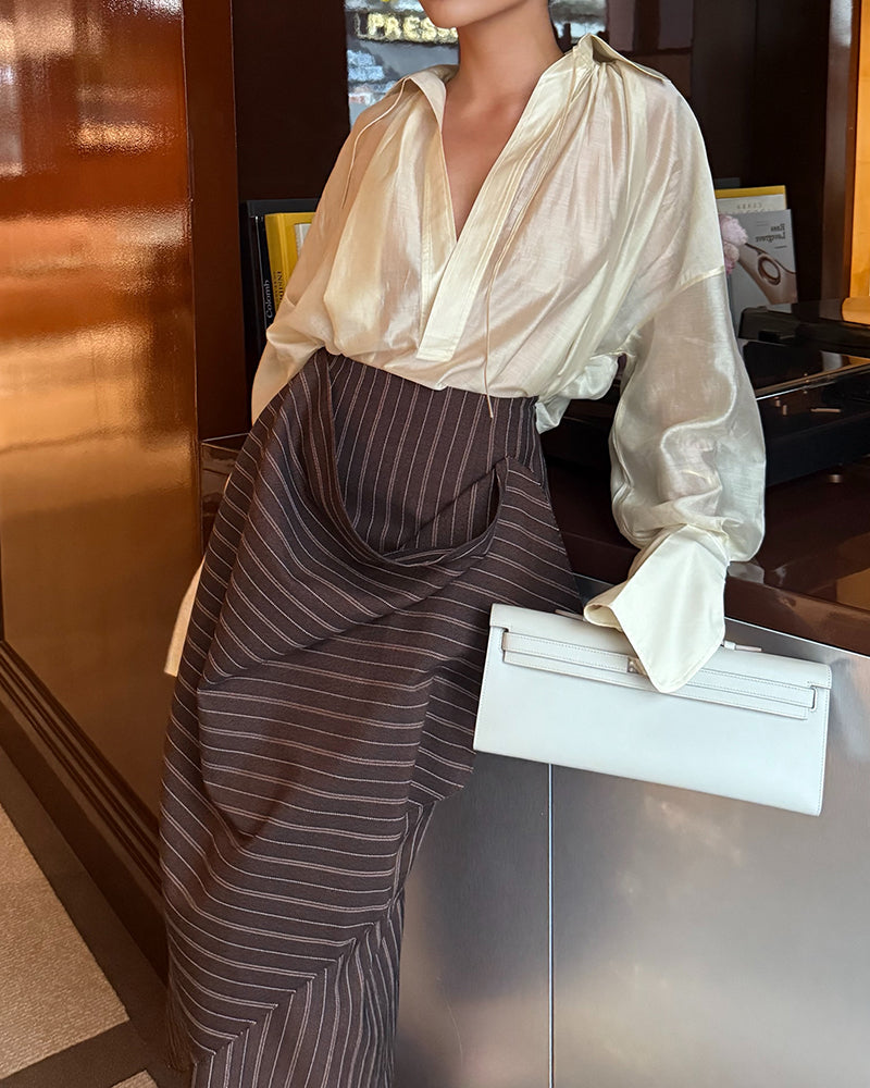 Chloe Sheer Blouse & Folded Pinstripe Skirt Two-Piece Set
