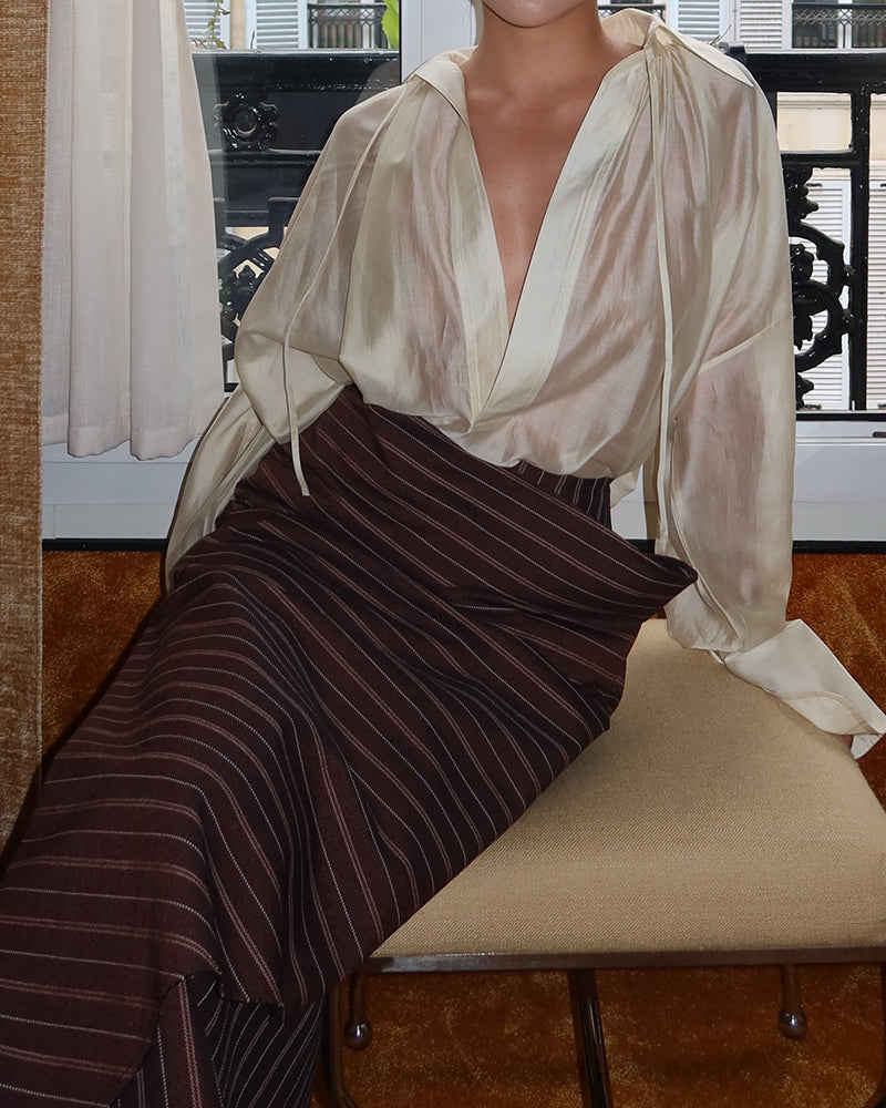 Chloe Sheer Blouse & Folded Pinstripe Skirt Two-Piece Set