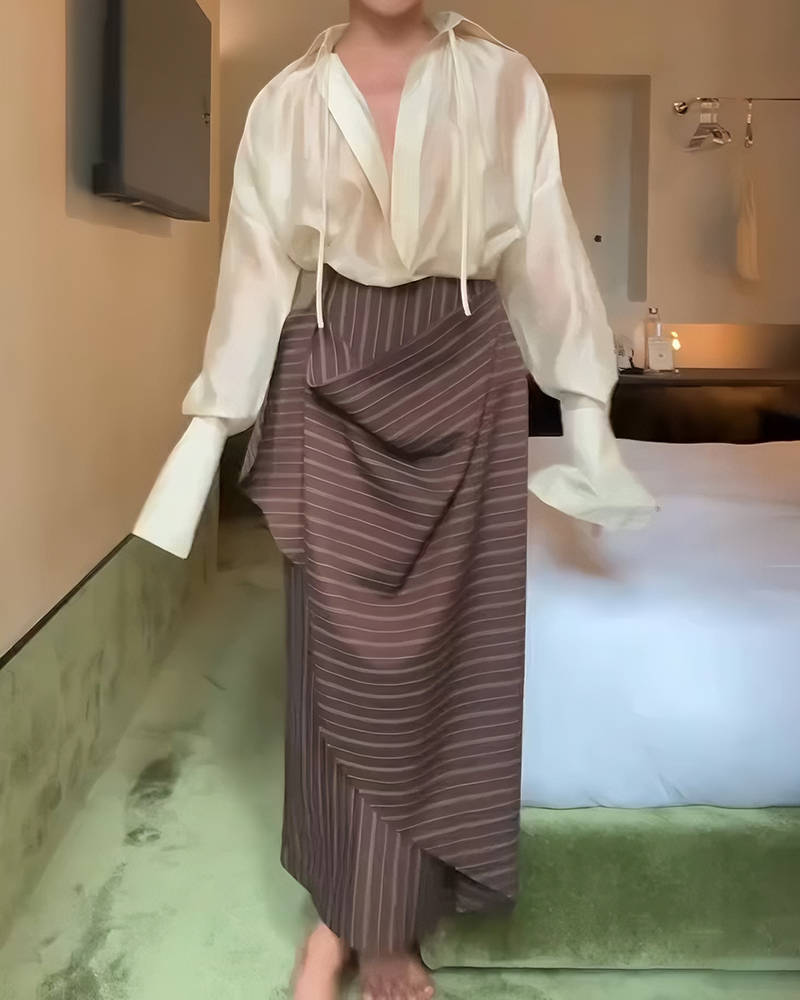 Chloe Sheer Blouse & Folded Pinstripe Skirt Two-Piece Set