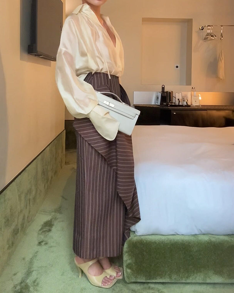 Chloe Sheer Blouse & Folded Pinstripe Skirt Two-Piece Set
