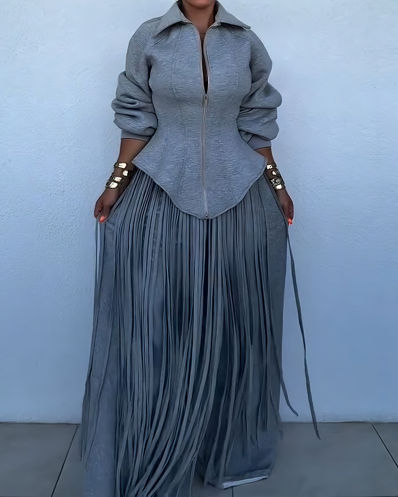 Sasha Grey Zip Corset Jacket & Fringe Wide-Leg Two-Piece Set