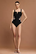 Giselle Black V-Neck One-Piece Swimwar With Hollowed Out Sides