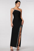 Dais Black One-Shoulder Slit Bandage Dress