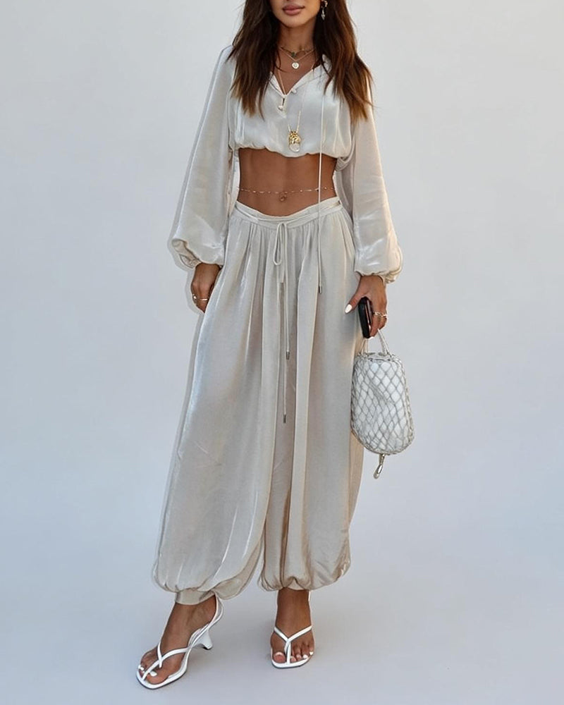 Colette Beige Long Sleeve Crop Top & Drawstring Pants Set