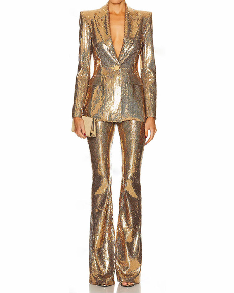Keira Gold Sequin Blazer and Flared Trouser Set