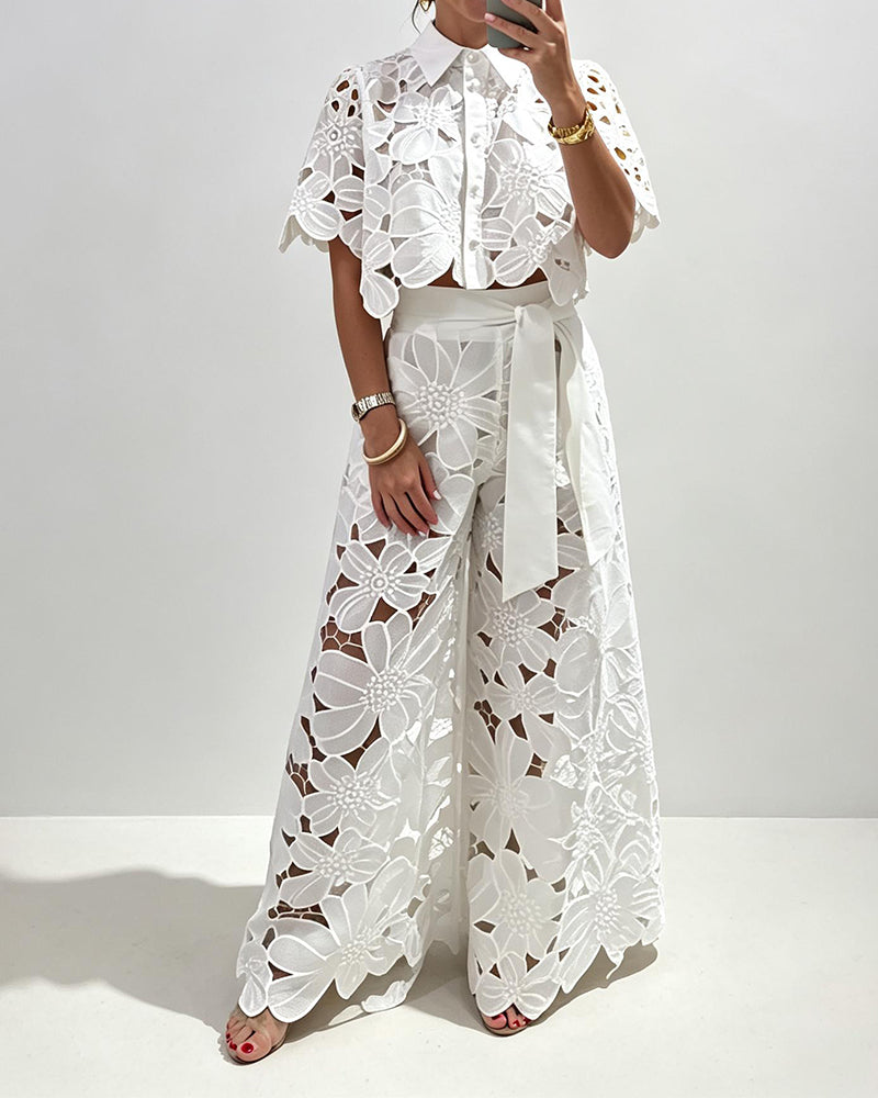 Elena White Floral Eyelet Lace Two Piece Set