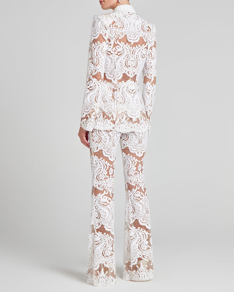 Athena White Sheer Lace Blazer and Flared Trouser Set