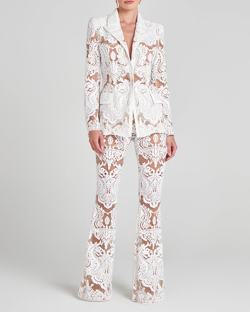 Athena White Sheer Lace Blazer and Flared Trouser Set