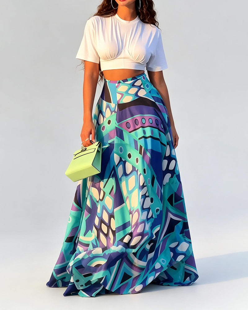 Rosalyn Multicolor Short Sleeve Crop Top & Printed Maxi Skirt Set