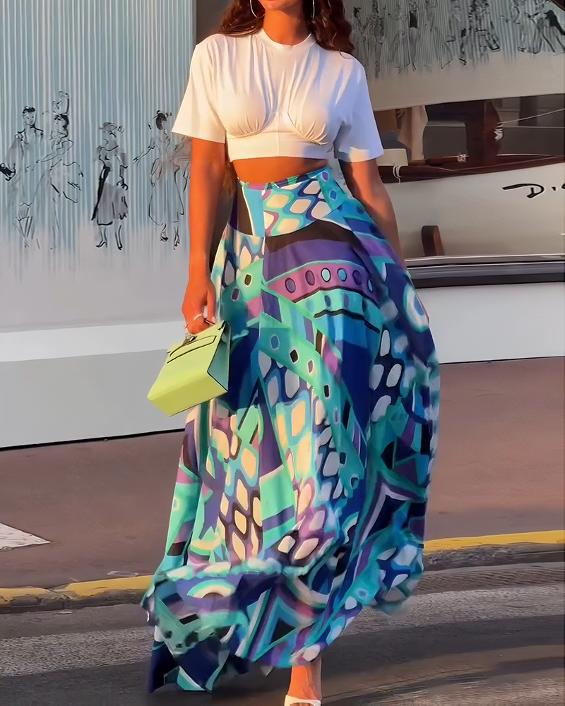 Rosalyn Multicolor Short Sleeve Crop Top & Printed Maxi Skirt Set