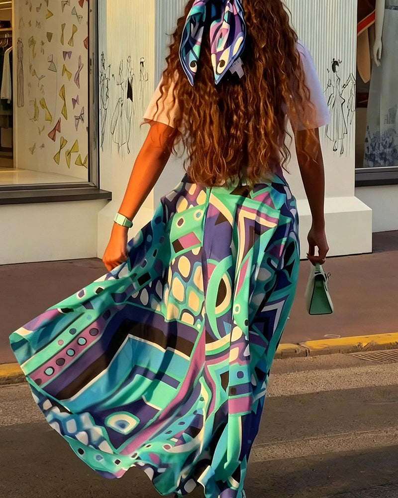 Rosalyn Multicolor Short Sleeve Crop Top & Printed Maxi Skirt Set