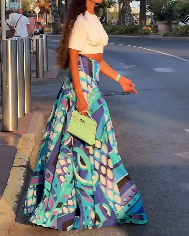 Rosalyn Multicolor Short Sleeve Crop Top & Printed Maxi Skirt Set