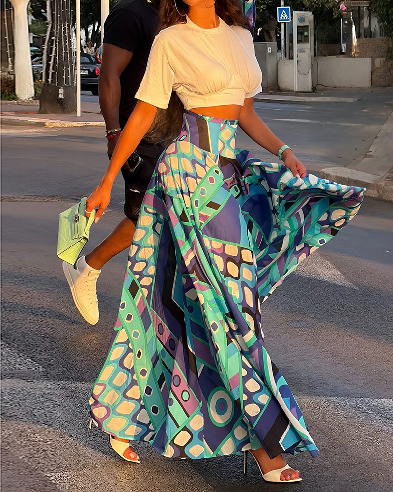 Rosalyn Multicolor Short Sleeve Crop Top & Printed Maxi Skirt Set