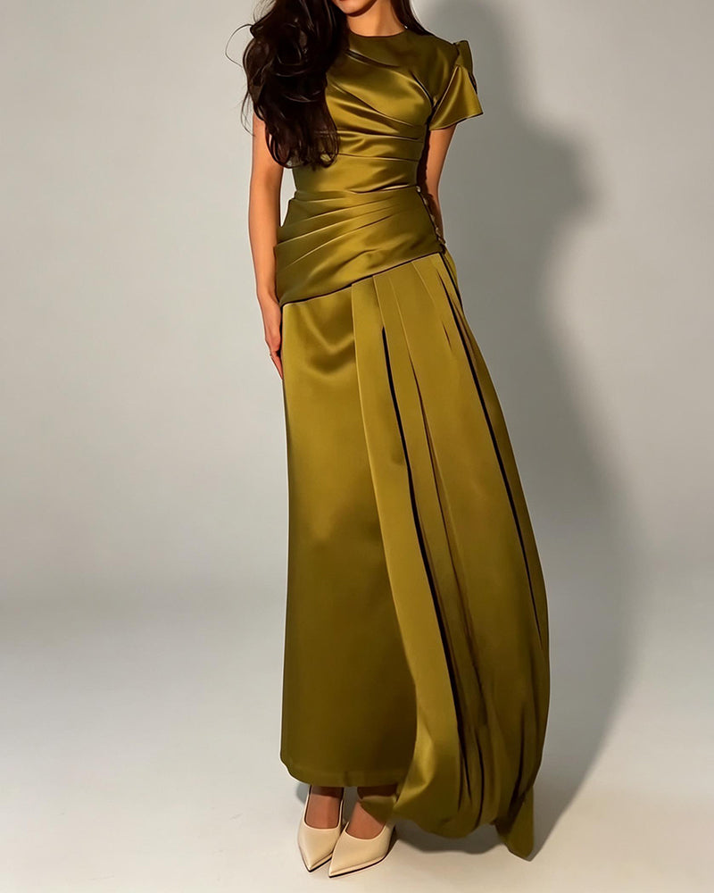 Zaira Green Short Sleeve Pleated Satin Draped Maxi Dress Set