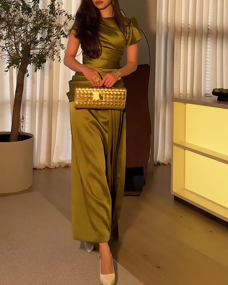 Zaira Green Short Sleeve Pleated Satin Draped Maxi Dress Set
