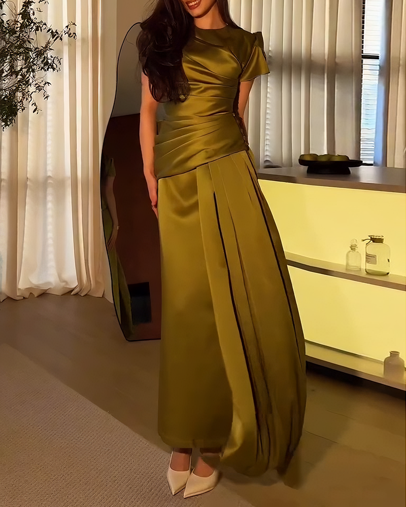 Zaira Green Short Sleeve Pleated Satin Draped Maxi Dress Set