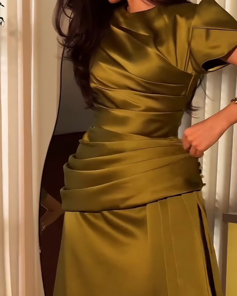 Zaira Green Short Sleeve Pleated Satin Draped Maxi Dress Set