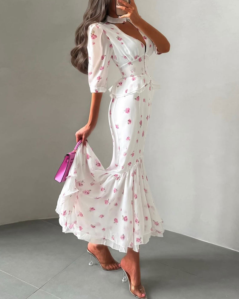 Elira White V-Neck Floral Peplum Crop Top & Mermaid Maxi Skirt Set