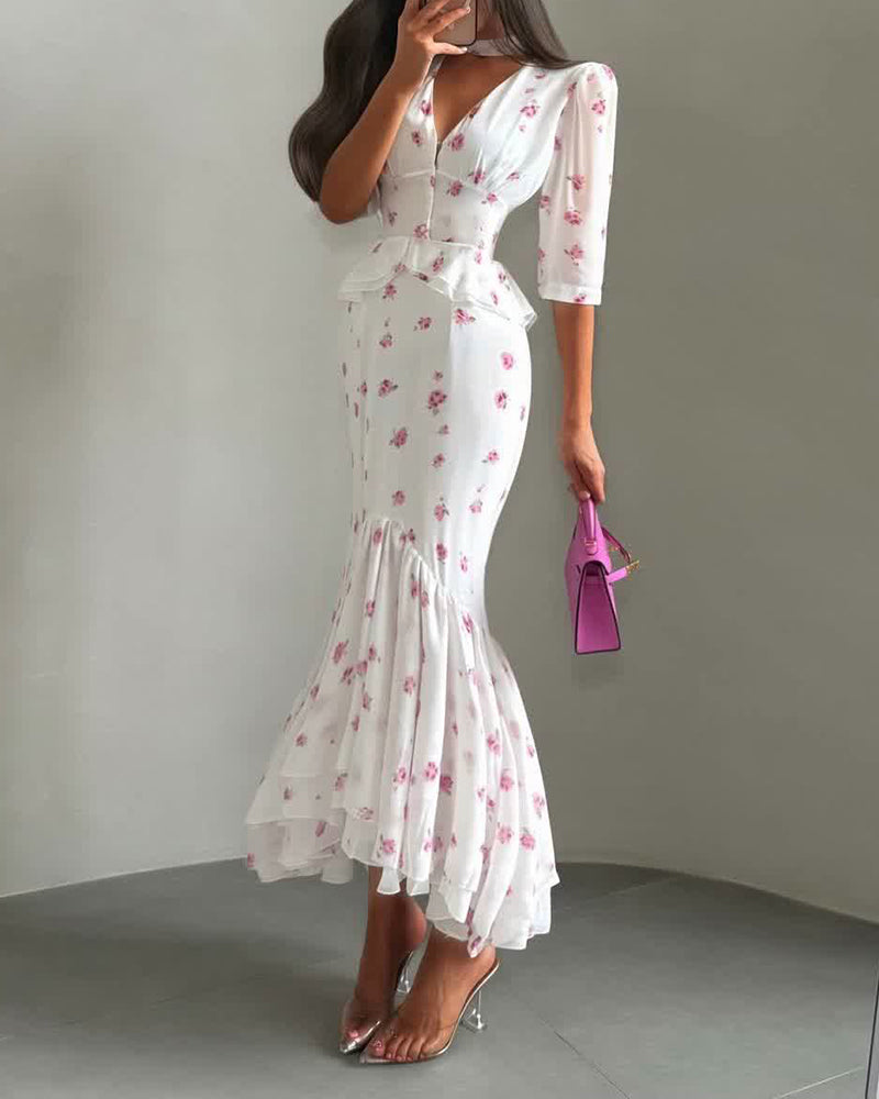 Elira White V-Neck Floral Peplum Crop Top & Mermaid Maxi Skirt Set