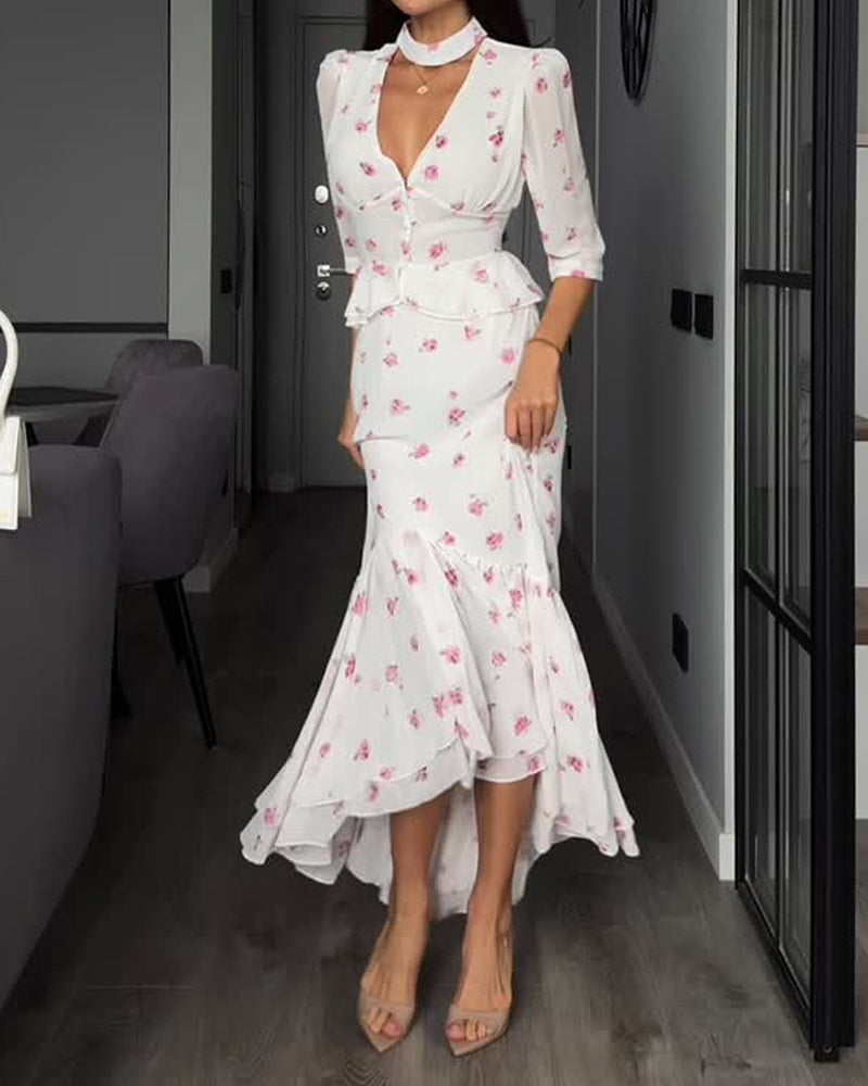 Elira White V-Neck Floral Peplum Crop Top & Mermaid Maxi Skirt Set